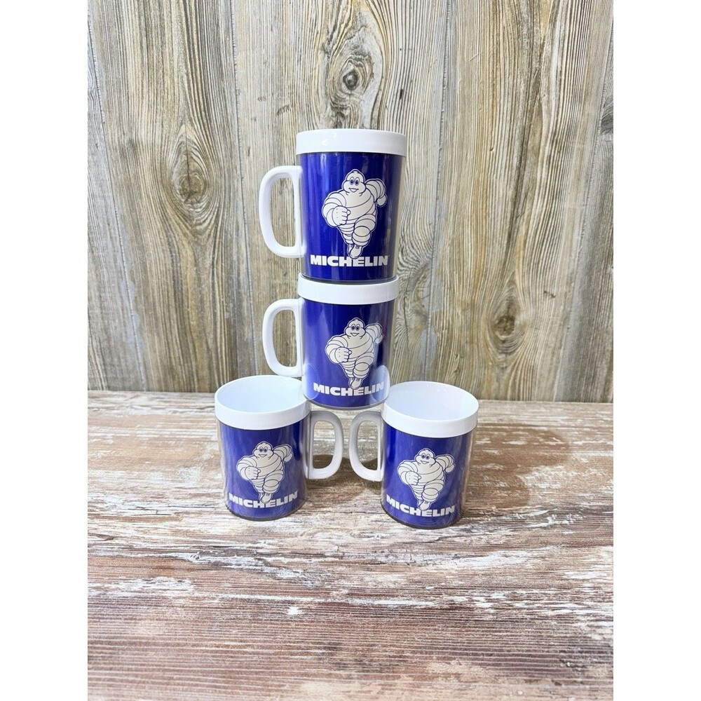 MICHELIN MAN  Set of 4 1970’s  Thermo Serv Plastic Coffee Mug 10oz USA New VTG